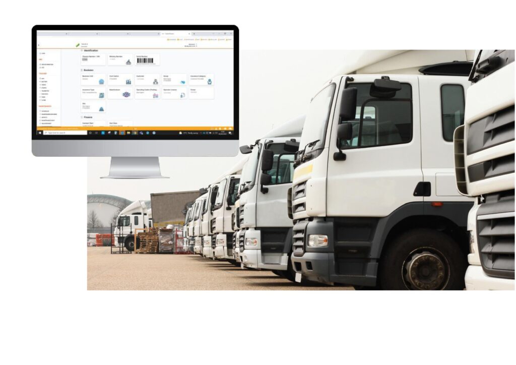 Fleet Manager Connect on screen next to lorries