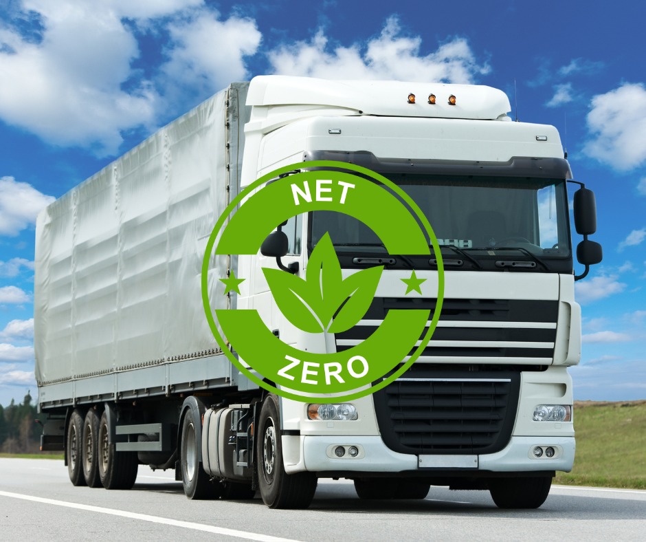 Lorry with net zero symbol in front indicating go green.